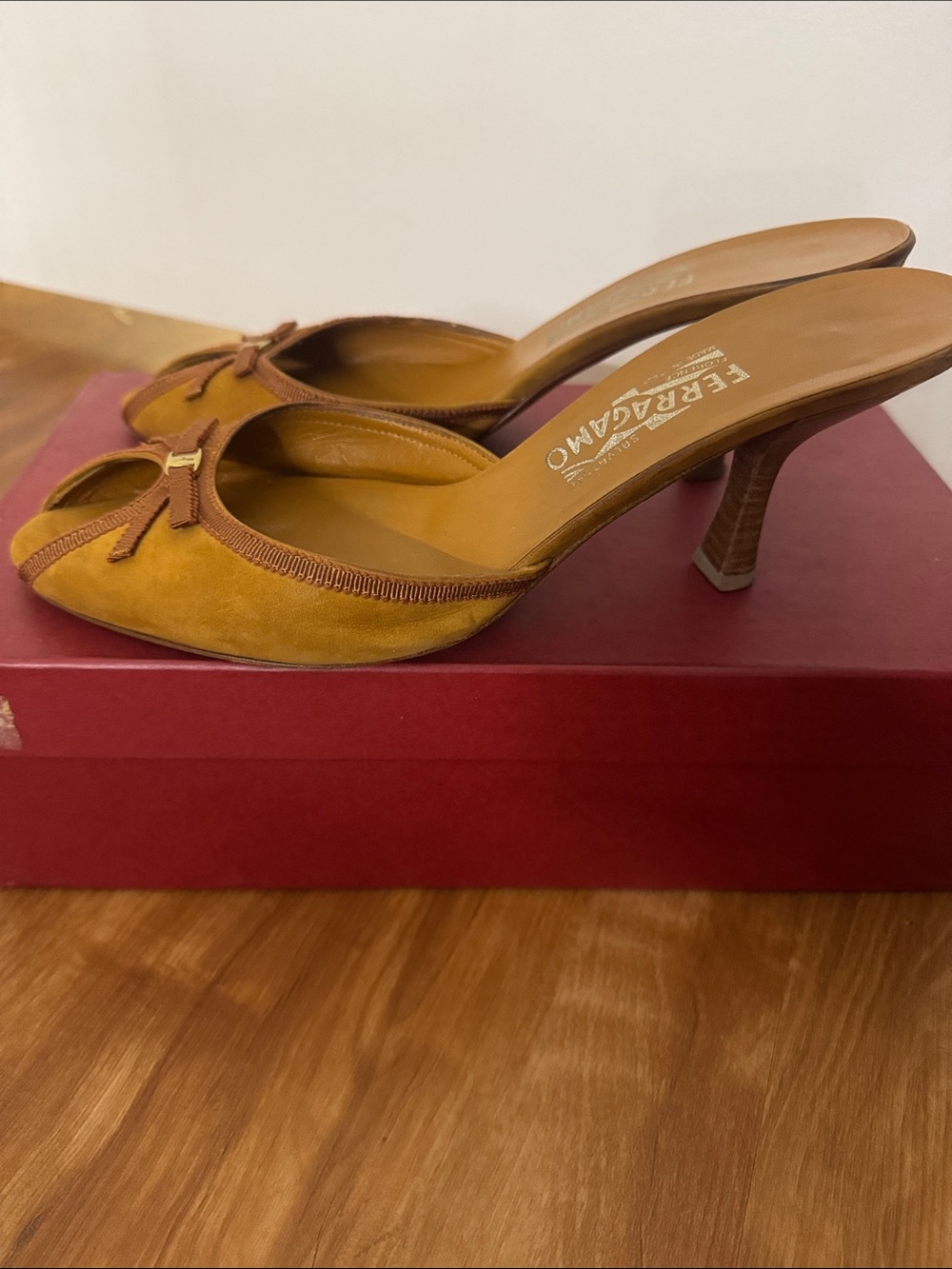 Salvatore Ferragamo Mustard Suede Peep-Toe Mules with Signature Bow - Picture 2 of 7